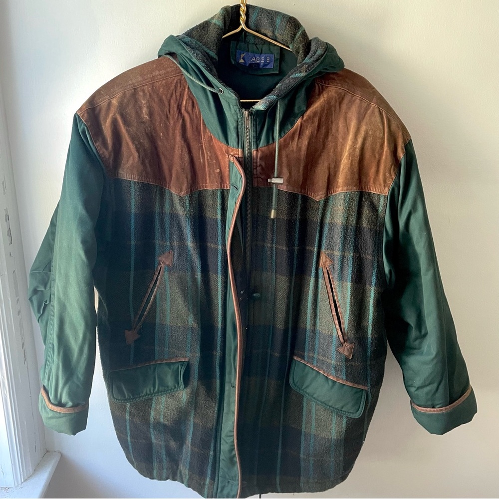 Vintage 70s Tartan Plaid Suede Mixed Fabric Parka Coat Jacket